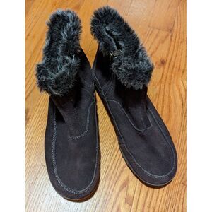 Khombu Gracie Brown Leather Ankle Boots Zip Side Slip‎ On Faux Fur Women's 9M